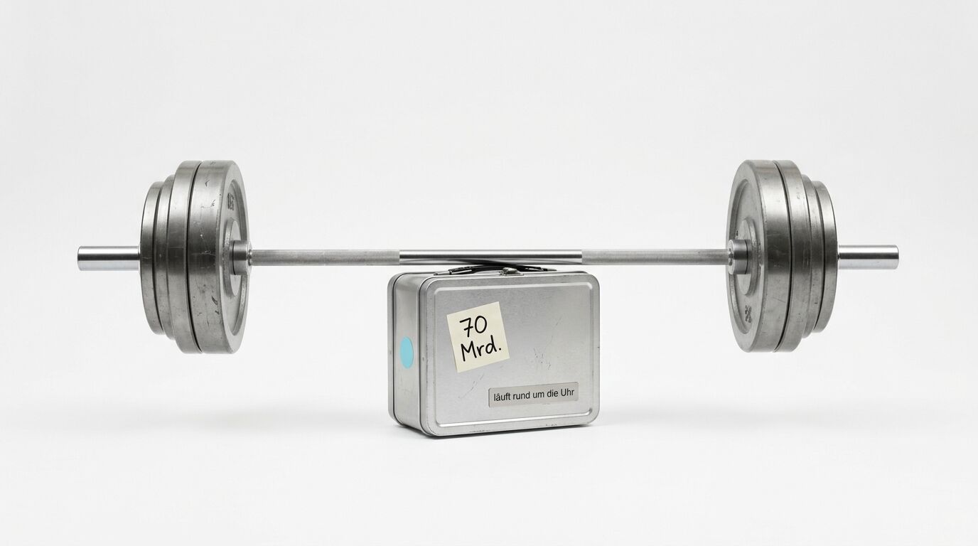 Hantel balanciert auf Metallbox mit Notiz „70 Mrd.“ und „läuft rund um die Uhr“
