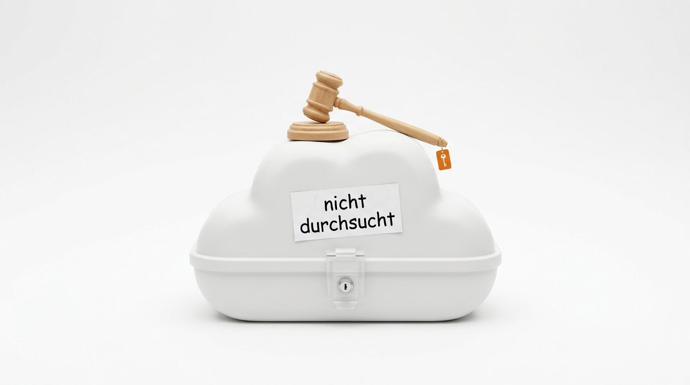 Cloud-Box mit Hammer und „nicht durchsucht“-Zettel