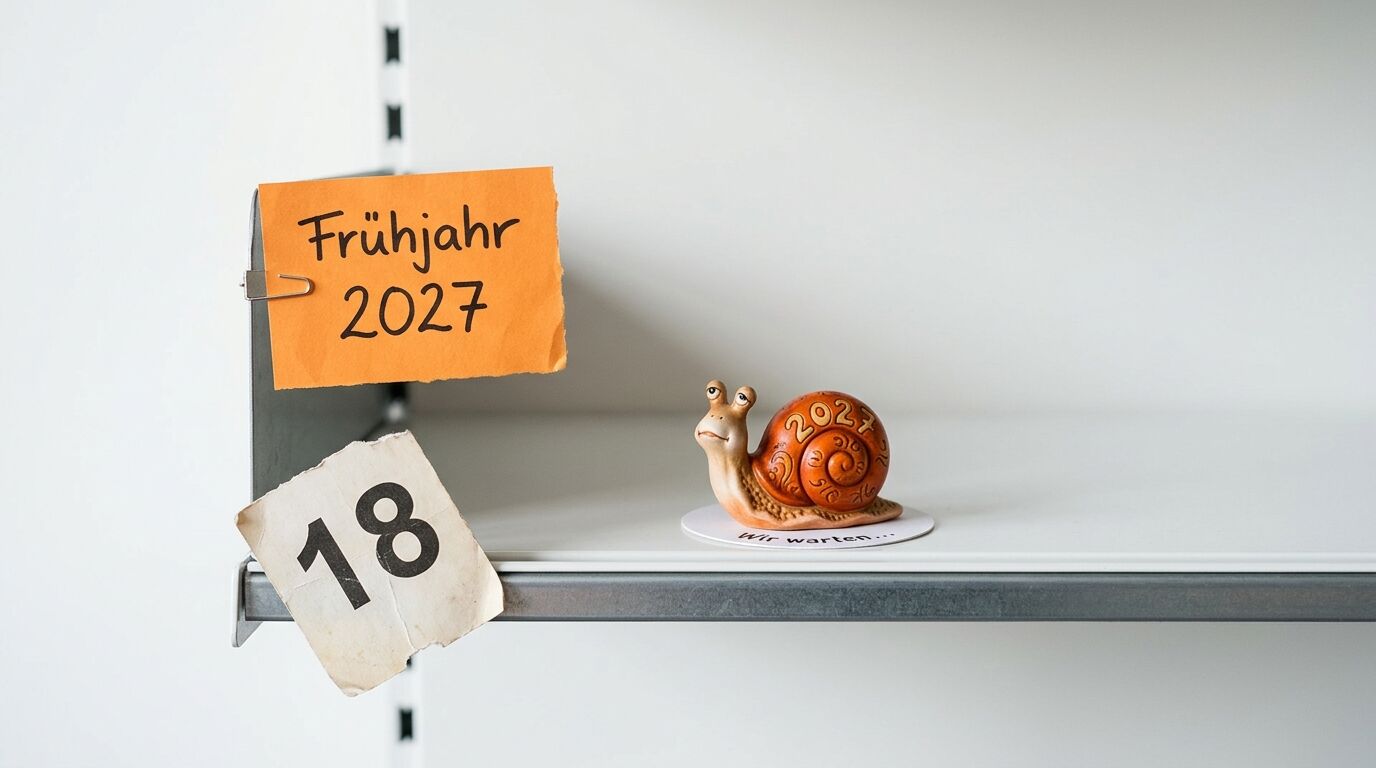 Regal mit orangefarbenem Schild „Frühjahr 2027“, Kalenderblatt „18“ und Deko-Schnecke
