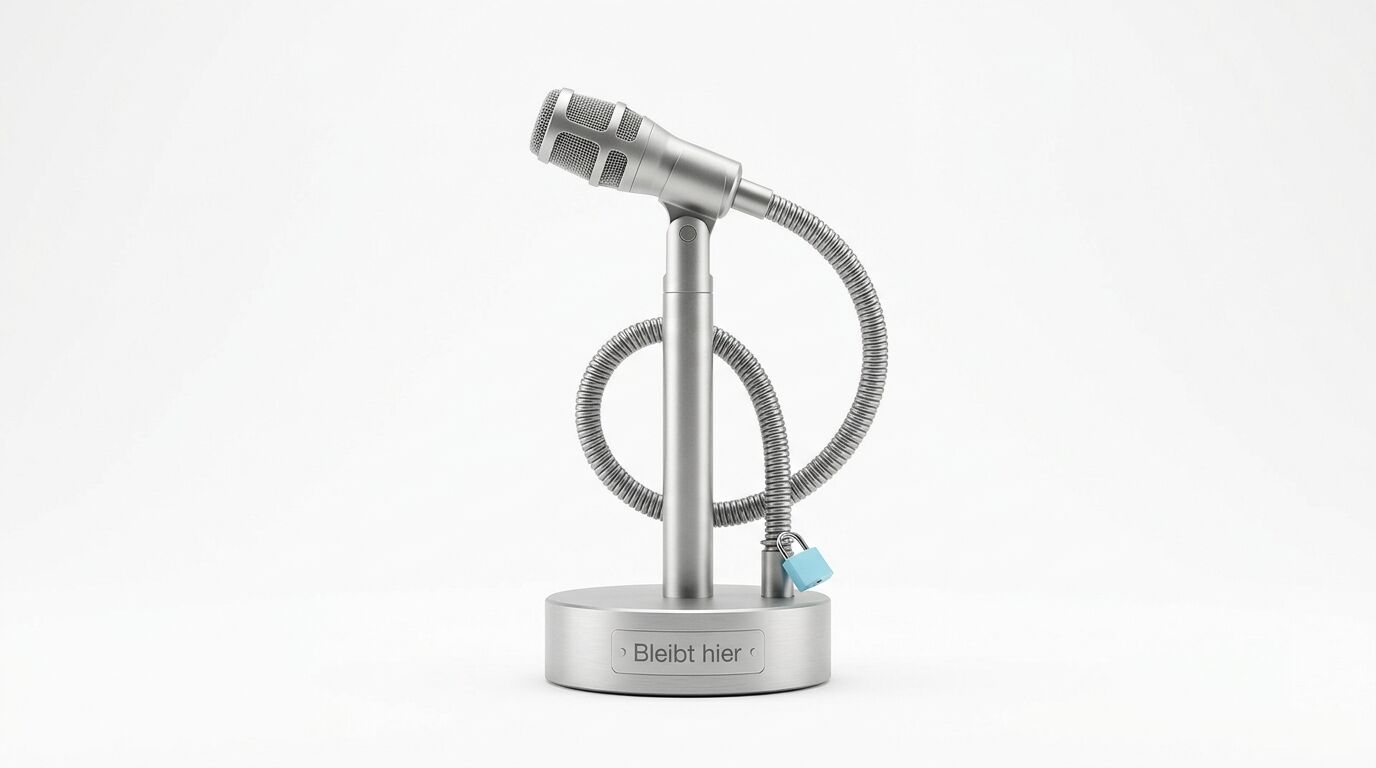 Ein Metallmikrofon auf einem Ständer mit der Gravur