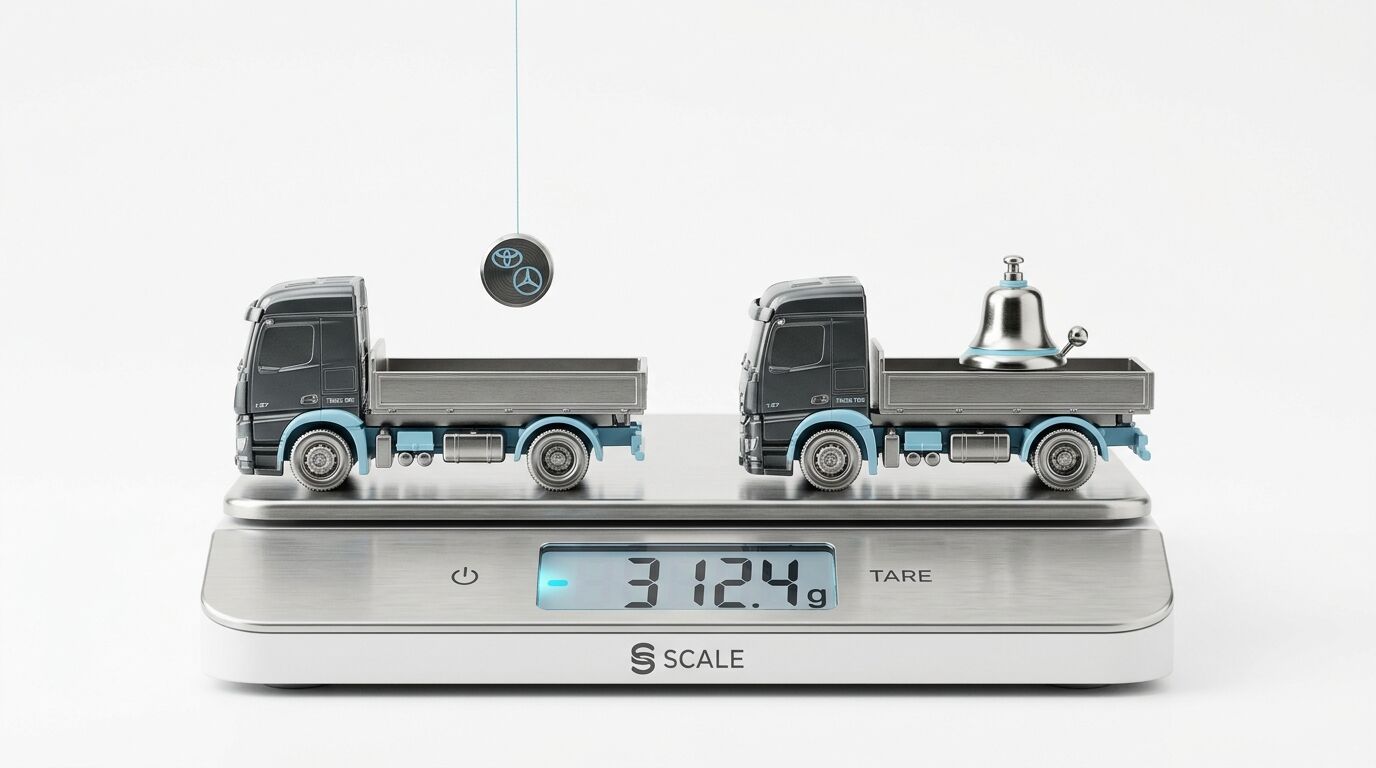 Zwei Lkw-Modelle auf Waage, ein Logo über dem linken, eine Glocke auf dem rechten