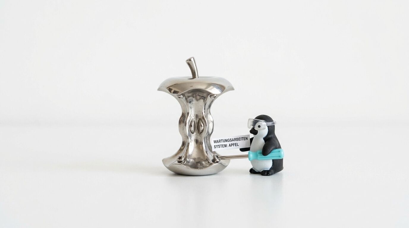 Spielzeugpinguin mit Schraubenzieher und Hinweisschild neben einem verchromten Apfelgehäuse