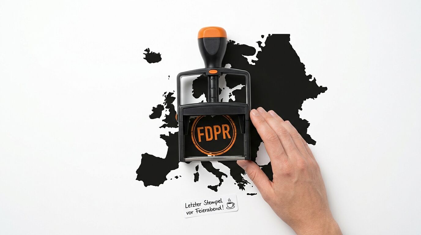 Stempel mit FDPR-Aufdruck auf schwarzer Europakarte, Hand, Notiz „Letzter Stempel vor Feierabend“