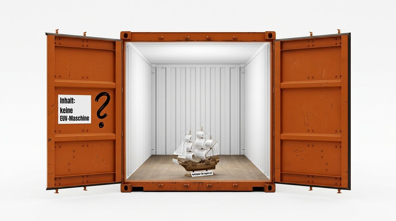 Offener Überseecontainer mit Modellschiff und Textetiketten vor weißem Hintergrund