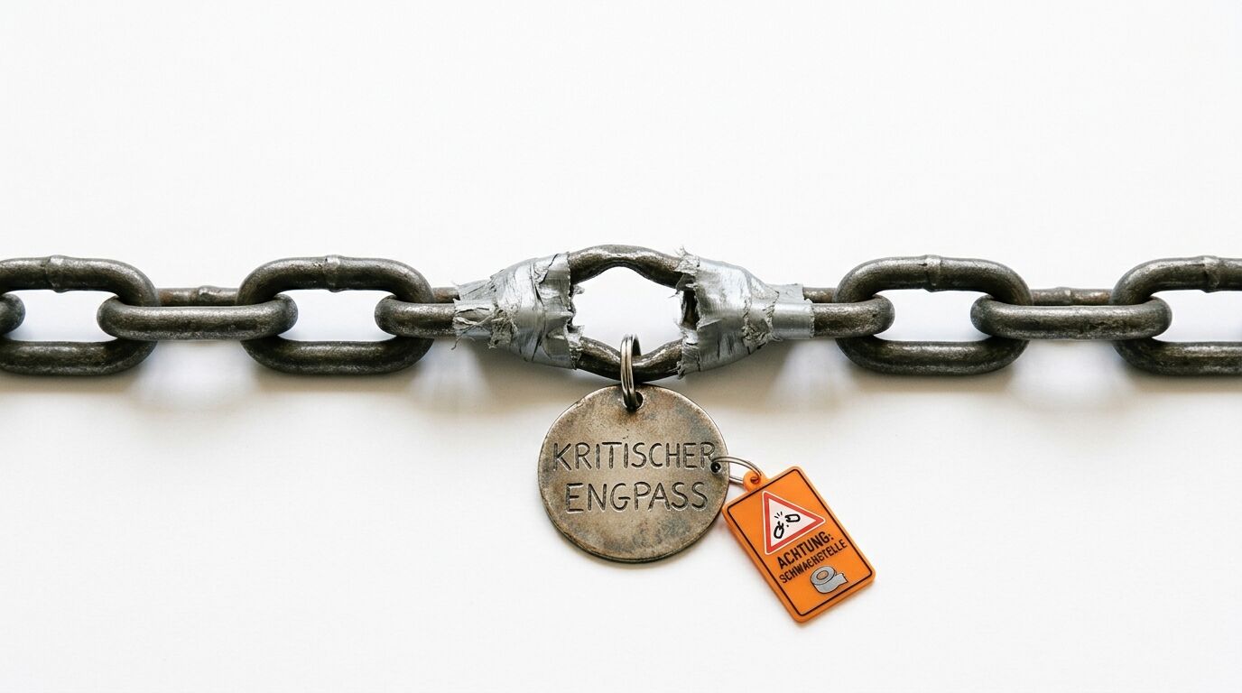 Metallkette mit gerissener Stelle, mit Klebeband repariert und Anhänger „KRITISCHER ENGPASS“