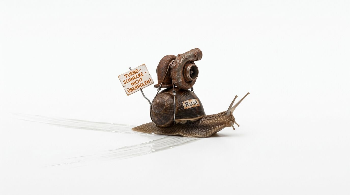 Schnecke mit Turbolader, „Rust“-Schild und Warnhinweis hinterlässt Schleimspur auf weiß