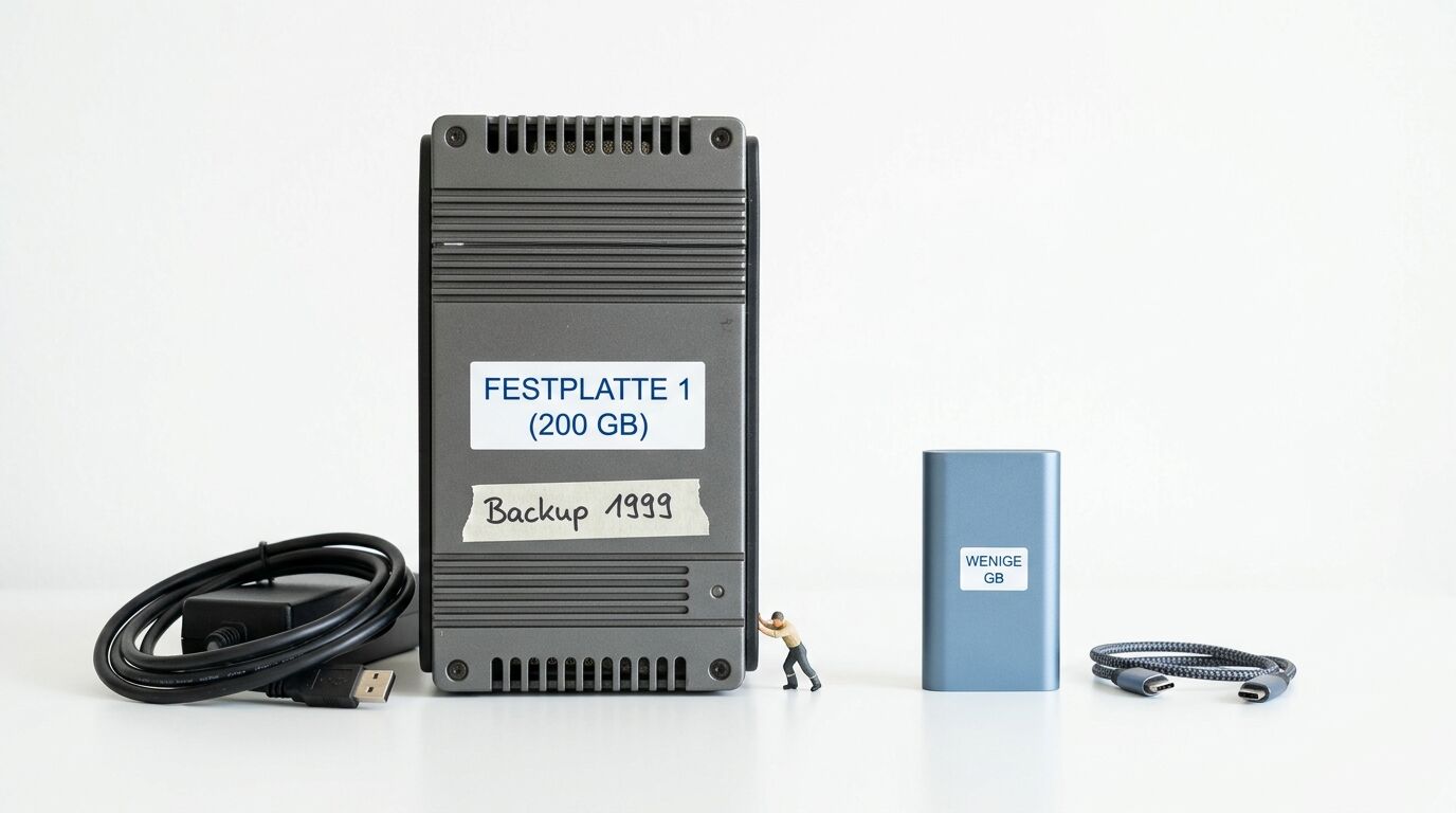 Große, beschriftete Festplatte mit Zubehör neben kleiner SSD und Miniaturfigur auf Weiß