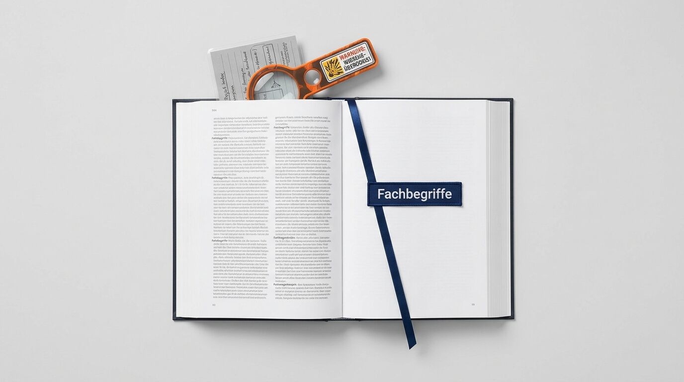 Draufsicht auf ein offenes Buch mit Lesezeichen, Leselupe und Textkarte