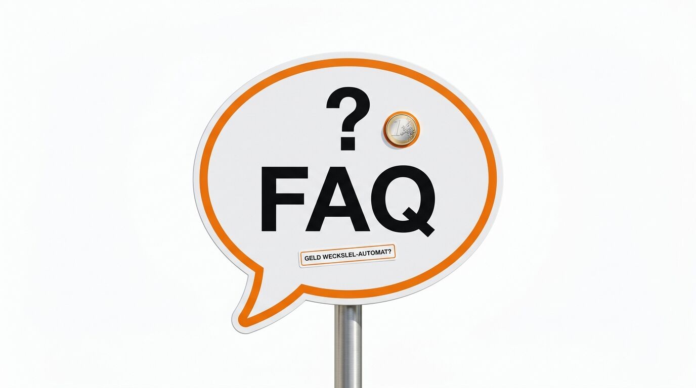 Schild als Sprechblase: Text FAQ, Fragezeichen, Euromünze, kleiner Text Geld Wechslel-Automat?