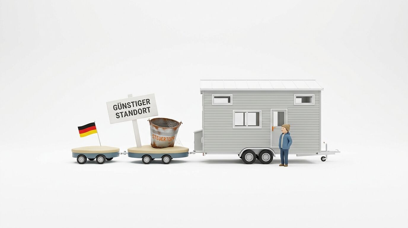 Tiny House Gespann vor weißem Hintergrund mit Flagge, Schild „Günstiger Standort“ und Eimer