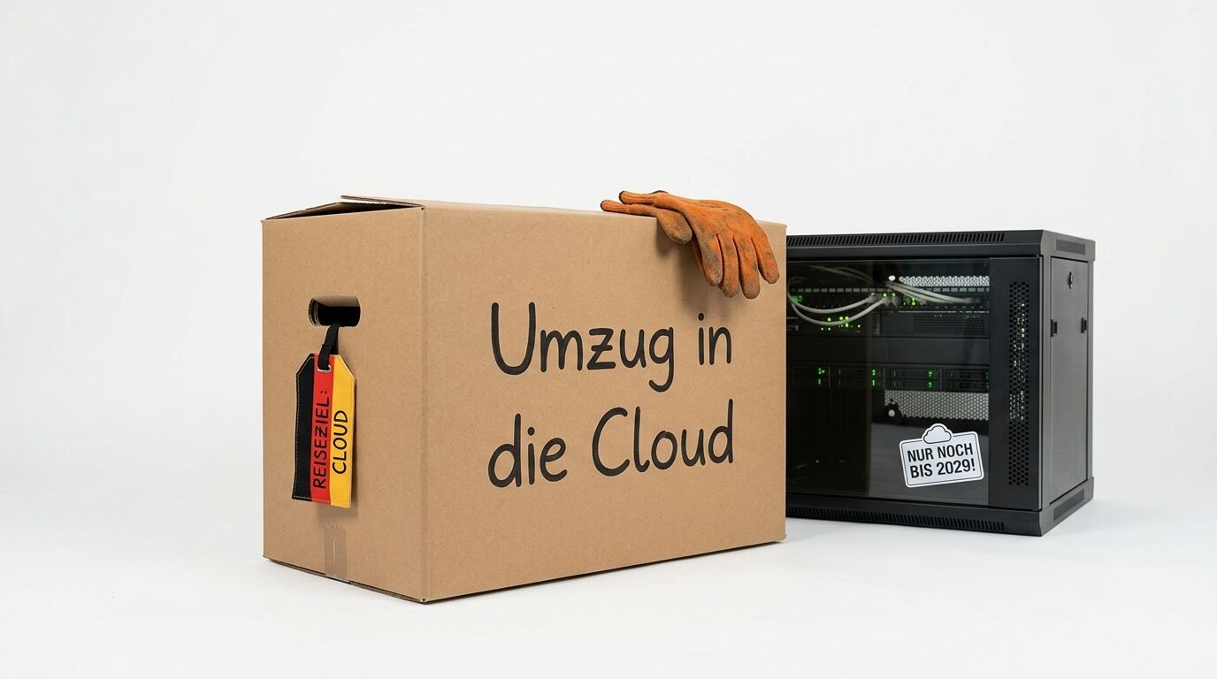 Kartong: „Umzug in die Cloud“. Daneben: Serverrack mit „NUR NOCH BIS 2029!“-Aufkleber