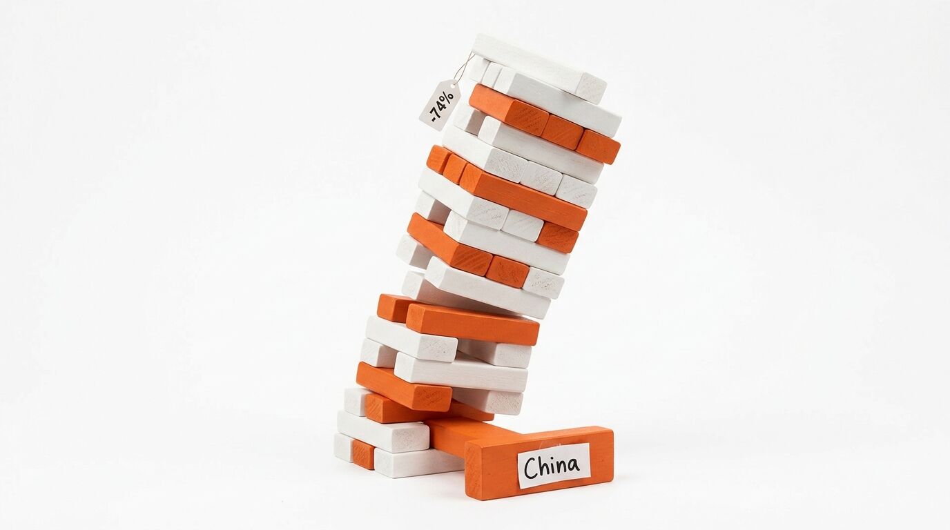 Kippender Holzblockturm auf weißem Grund mit „China“-Schild und „-74%“-Anhänger