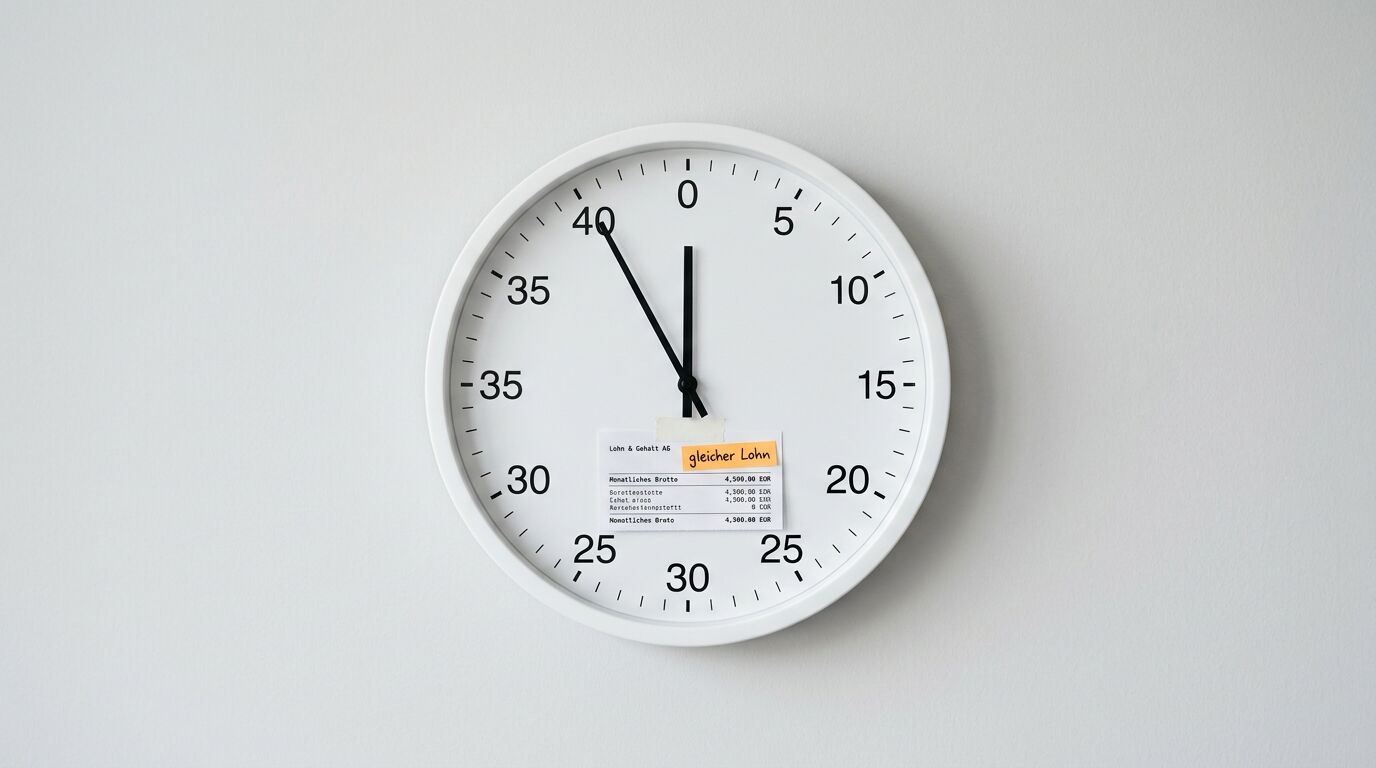 Eine weiße Uhr vor einer grauen Wand, mit einer Gehaltsabrechnung und dem Text „gleicher Lohn“