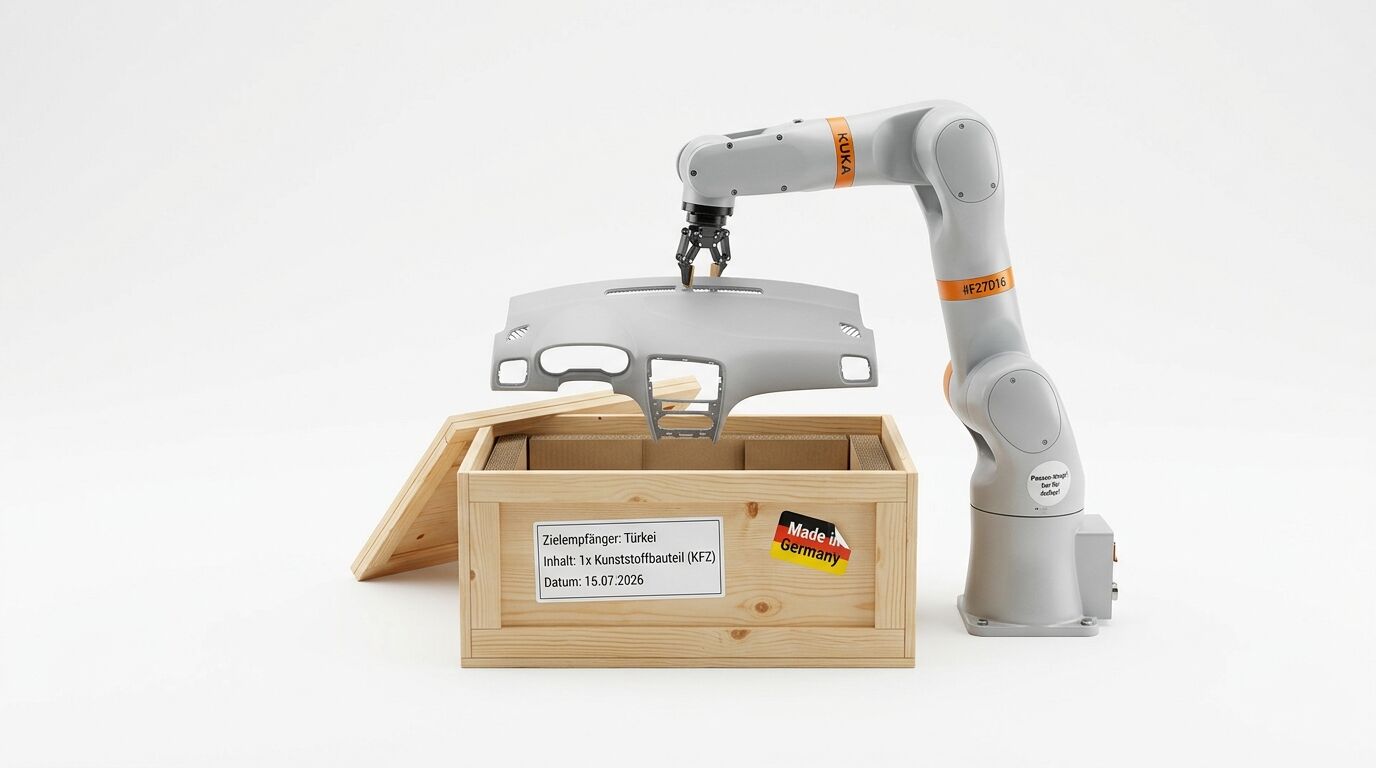 KUKA-Roboter hebt ein Armaturenbrett in eine Holzkiste vor weißem Hintergrund