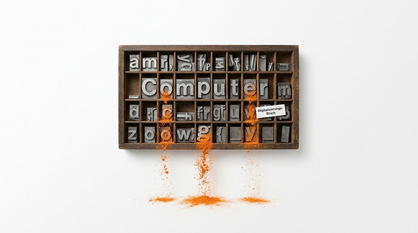 Holzkasten mit Letterndruck „Computer“, austretendem orangem Pulver und Hinweisschild