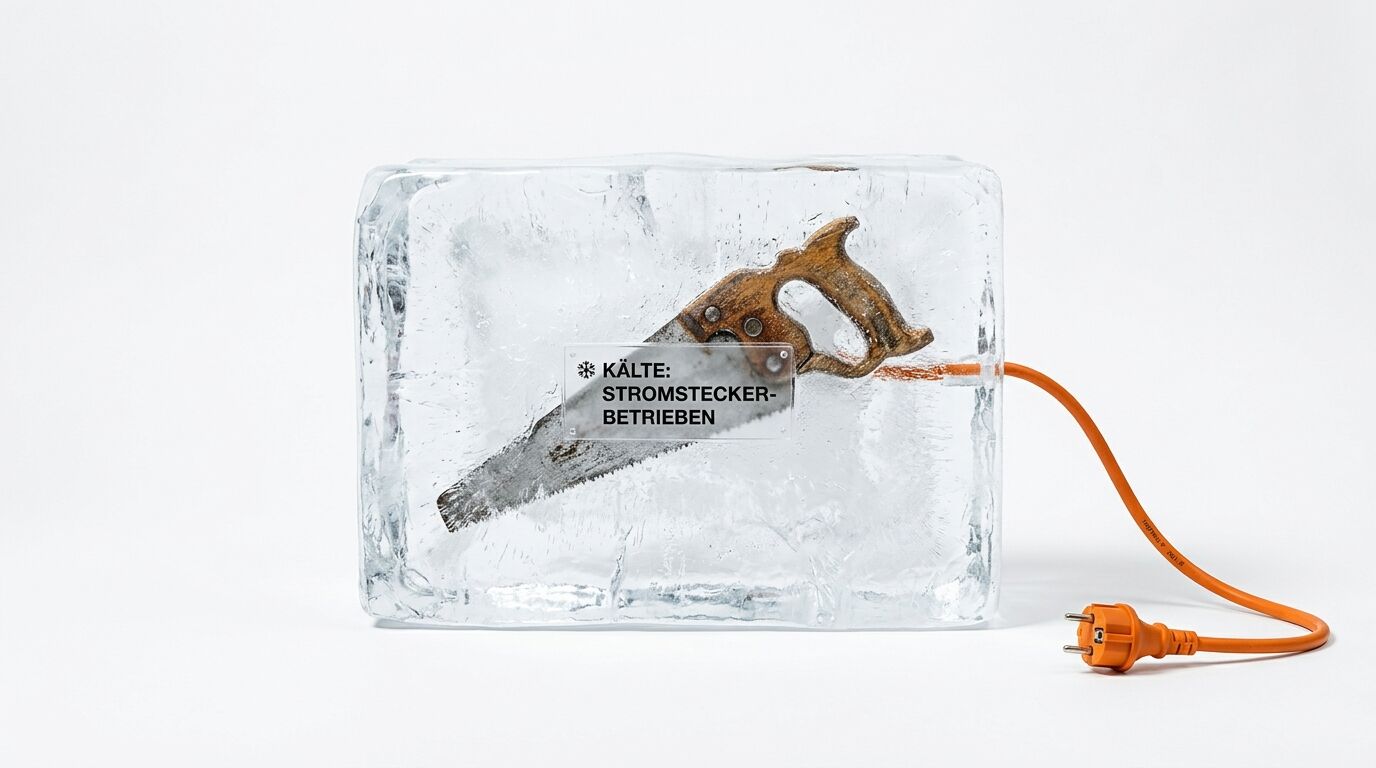 Eine Handsäge in einem Eisblock mit Stromkabel und einem Warnschild