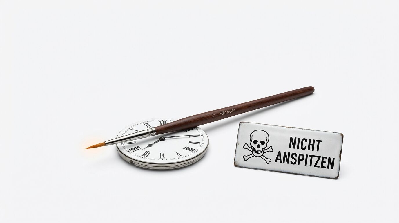 Zifferblatt, leuchtender Radium-Pinsel und Warnschild „NICHT ANSPITZEN“ vor Weiß