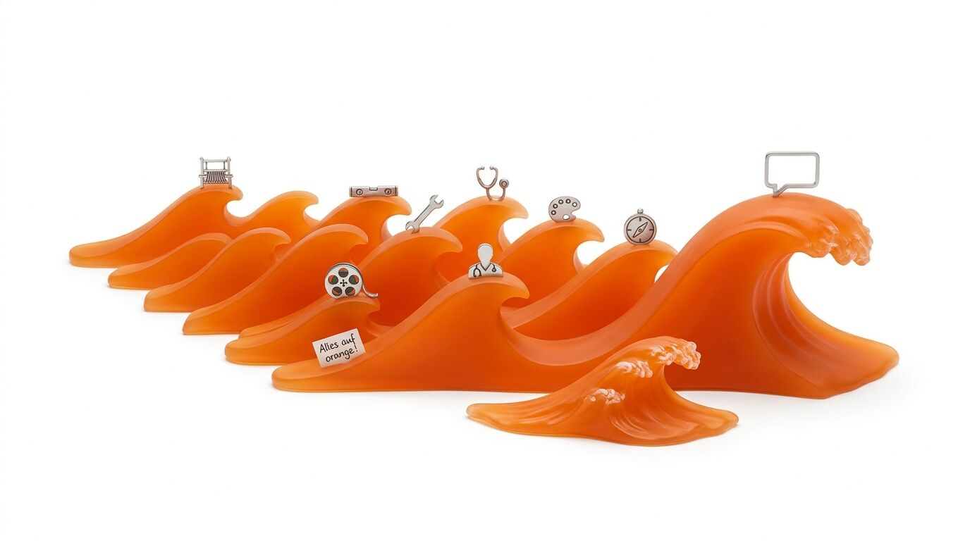 Orangefarbene, durchscheinende Kunststoffwellen mit Metallsymbolen und Schriftzug auf Weiß