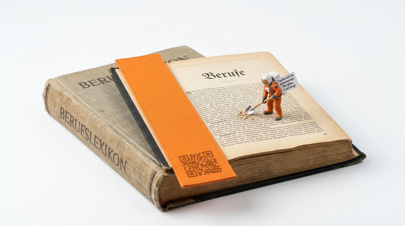 Miniatur-Astronaut schaufelt Krümel auf offenem Buch neben orangefarbenem QR-Lesezeichen