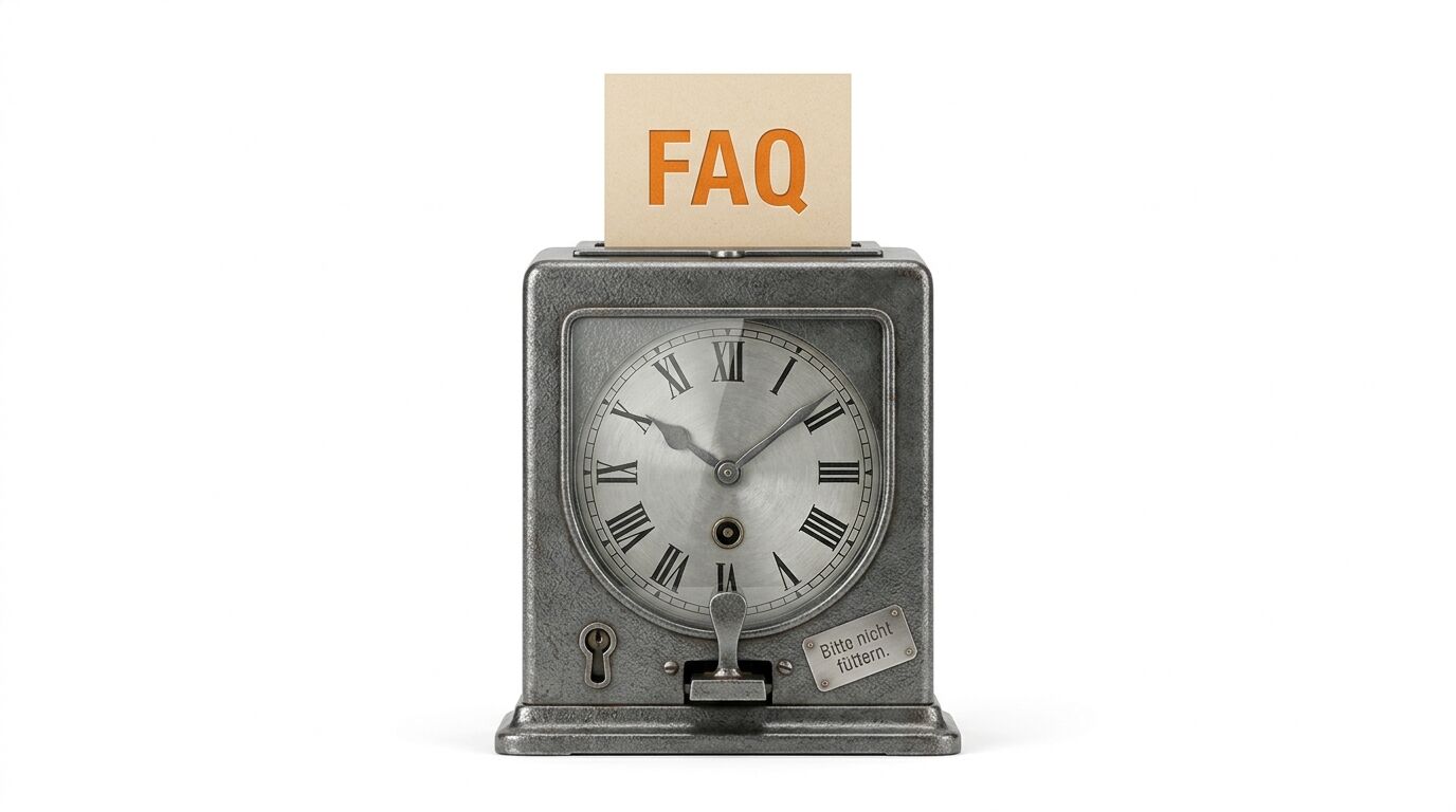 Alte Stempeluhr mit Einwurfschlitz, Karte mit „FAQ“ und Schild „Bitte nicht füttern“