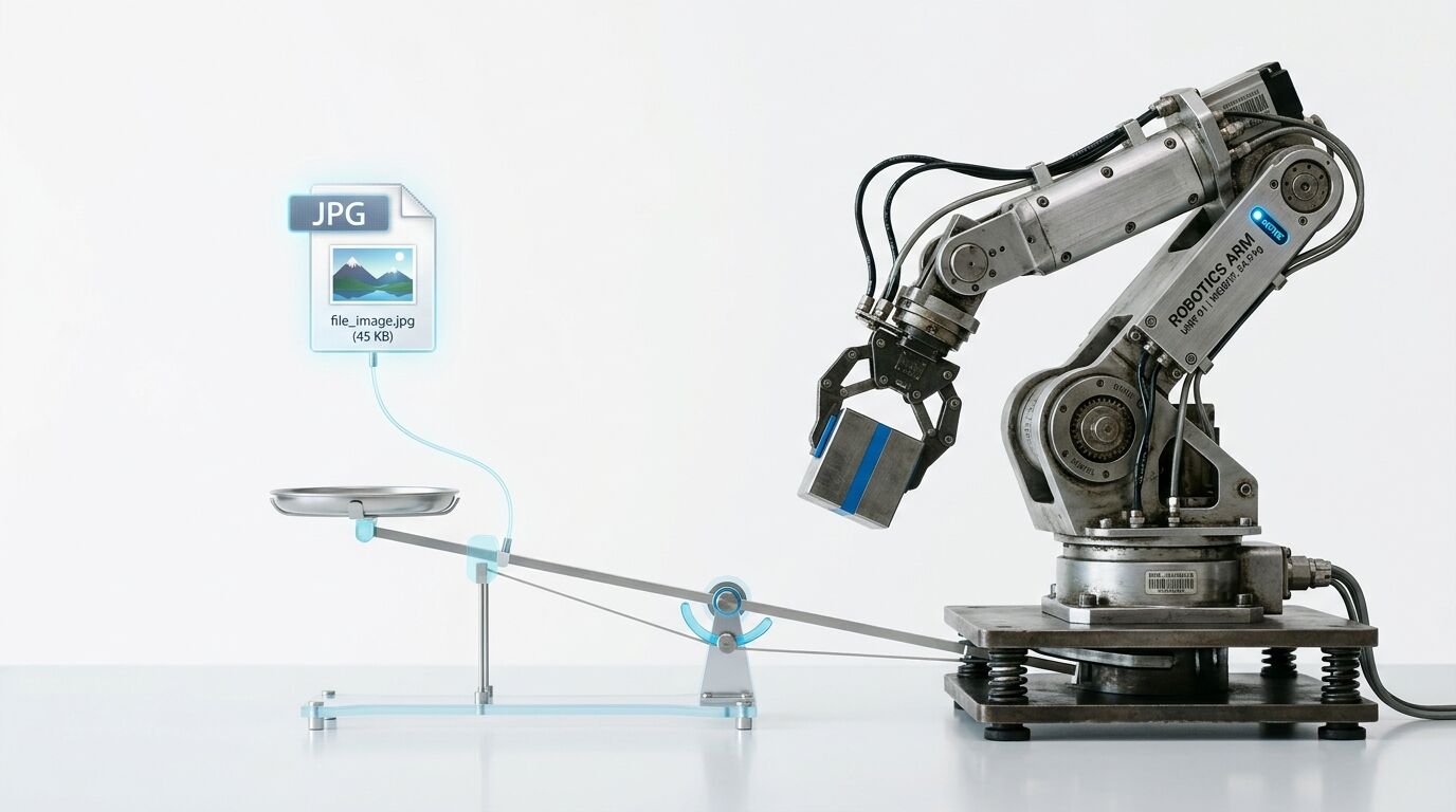 Ein Roboterarm hält einen Würfel und ist über einen Hebelmechanismus mit einem schwebenden Bilddateisymbol verbunden