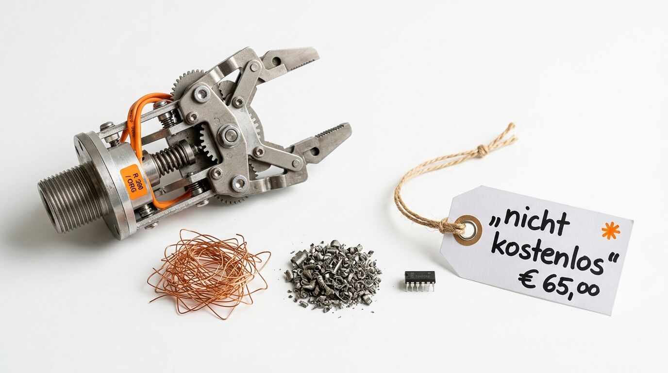 Ein metallischer Greifarm, Drähte, Metallspäne und ein Preisetikett mit der Aufschrift „nicht kostenlos“ für € 65,00