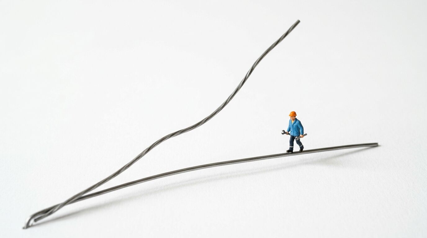 Miniatur-Bauarbeiter mit Werkzeug läuft auf einem Metalldraht vor weißem Hintergrund
