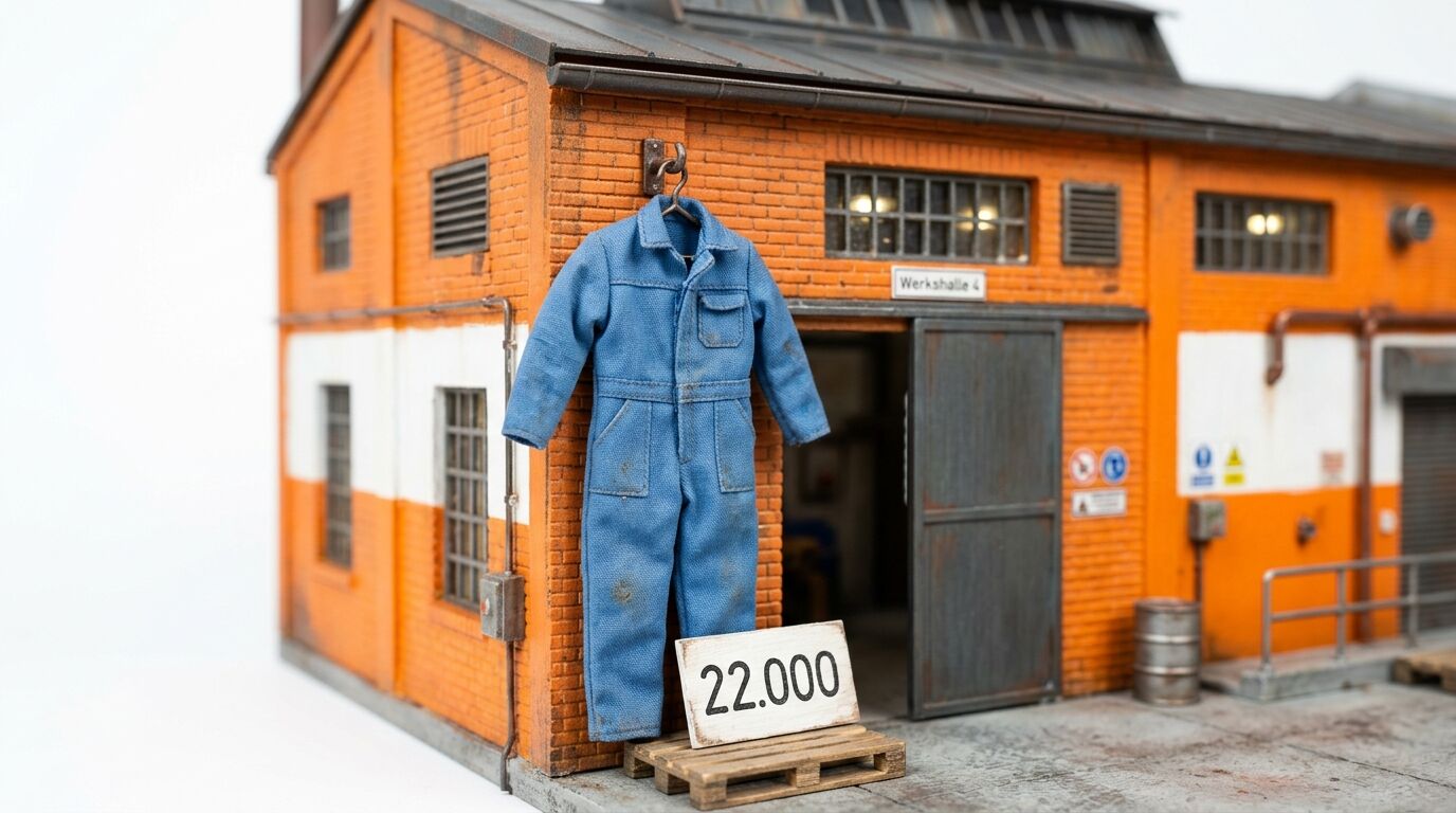 Modell einer Industriehalle mit hängendem Overall und Preisschild davor