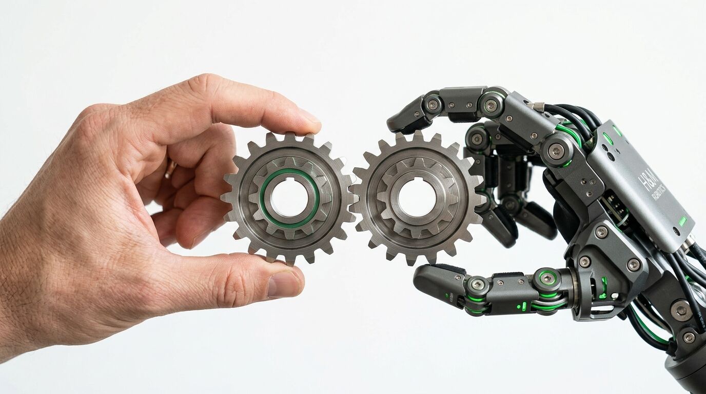 Menschliche Hand und Roboterhand halten ineinandergreifende Zahnräder vor weißem Hintergrund