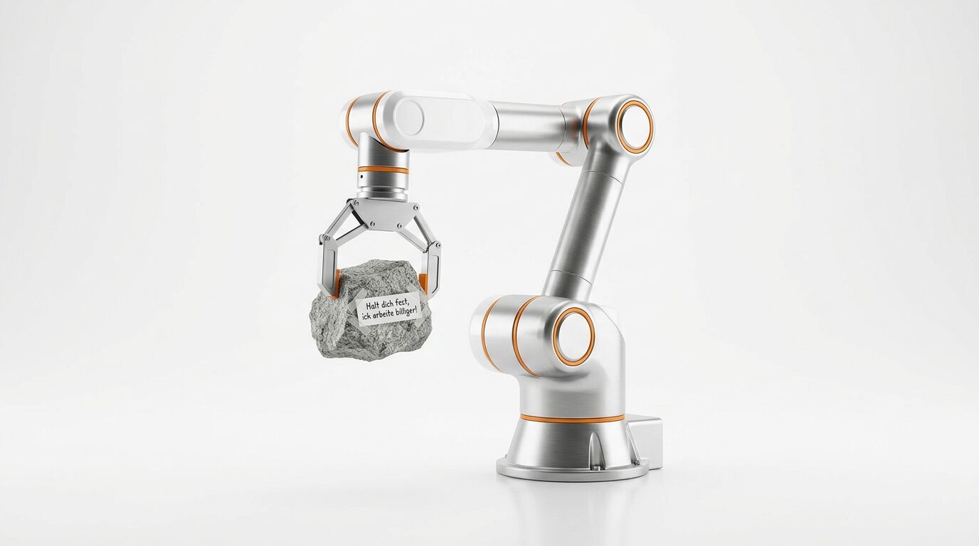 Roboterarm halt Stein mit der Aufschrift: „Halt dich fest, ich arbeite billiger!“