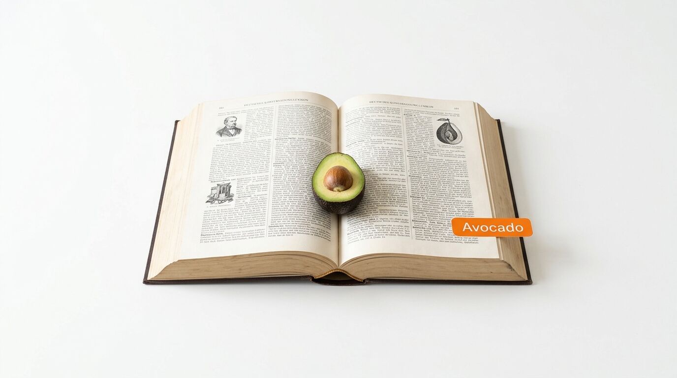 Geöffnetes Lexikon mit Avocado und Lesezeichen auf weißem Grund