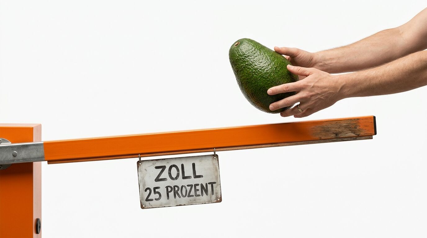 Hände halten eine Avocado über eine orange Schranke mit dem Schild