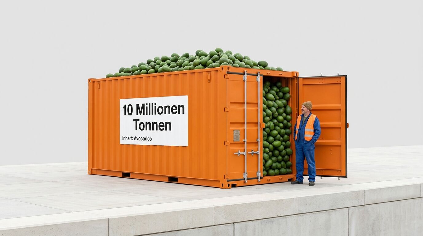 Oranger Schiffscontainer voll mit Avocados, daneben ein lächelnder Arbeiter in Warnweste
