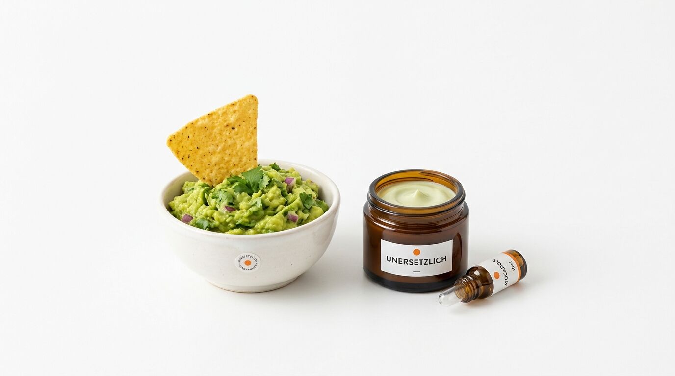 Guacamole mit Chip in Schüssel, Kosmetikcreme in Braunglastiegel, Pipettenfläschchen daneben