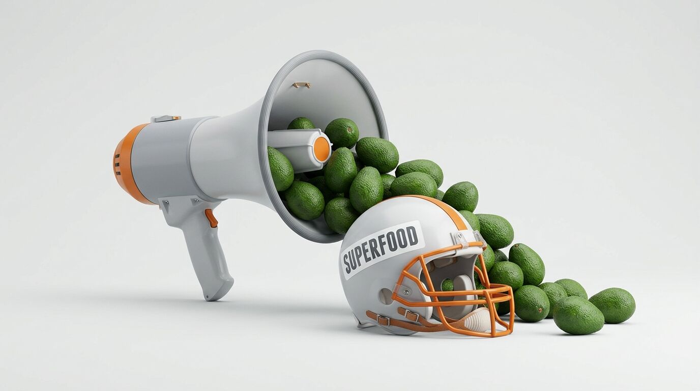 Avocados quellen aus einem Megafon auf einen Football-Helm mit der Aufschrift „SUPERFOOD“