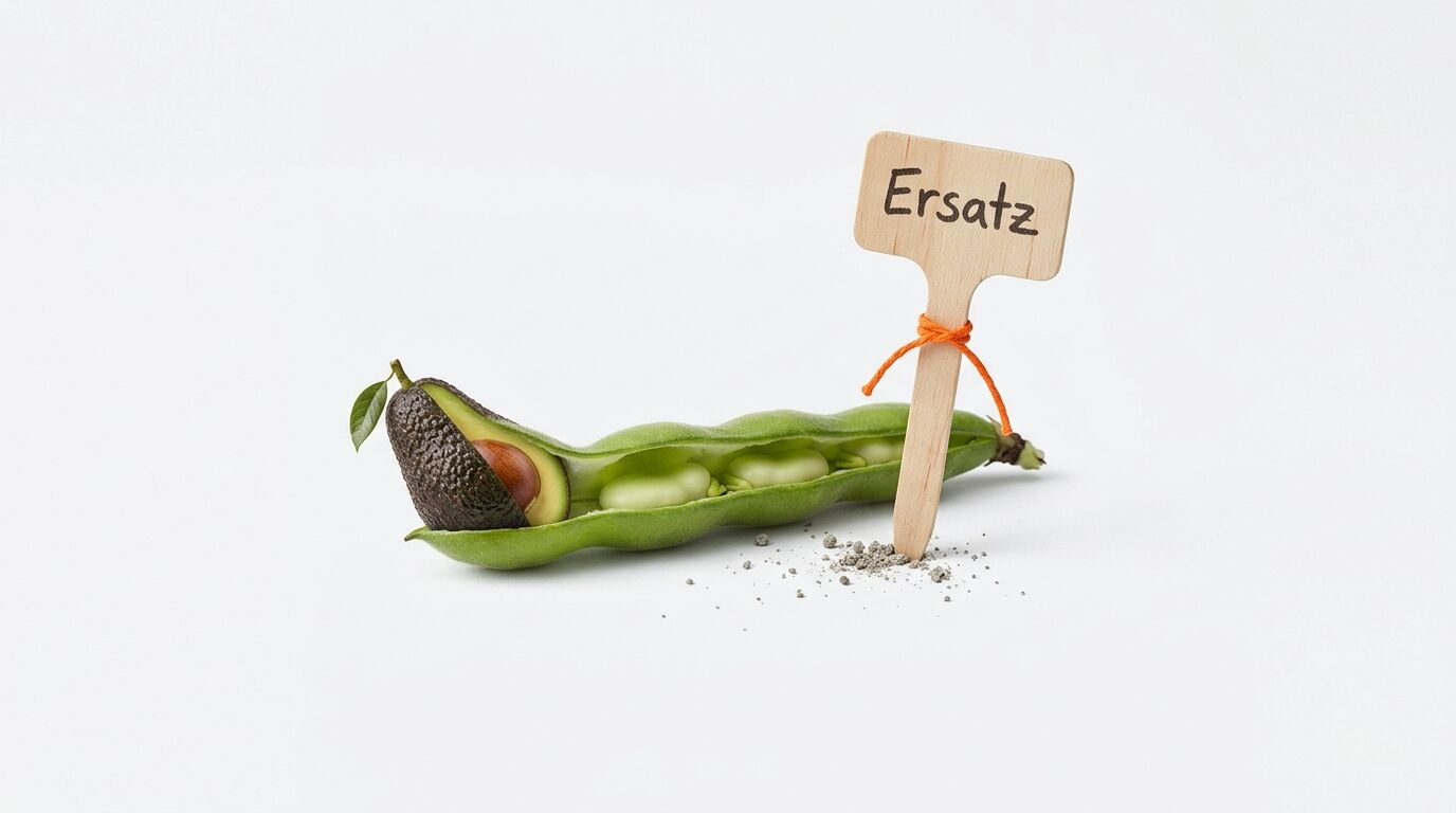 Halbierte Avocado in offener Bohnenschote, daneben Holzschild mit Text
