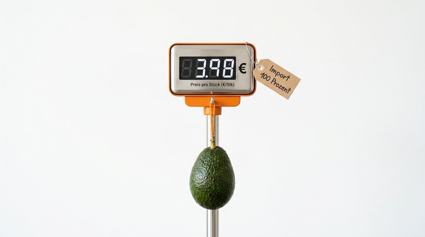 Eine Avocado hängt an einer Waage mit einer Digitalanzeige von 3.98 € und einem Anhänger