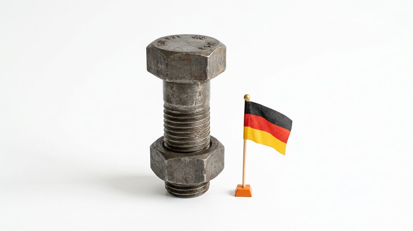 Große Sechskantschraube mit Mutter steht neben kleiner Deutschlandflagge vor weißem Hintergrund