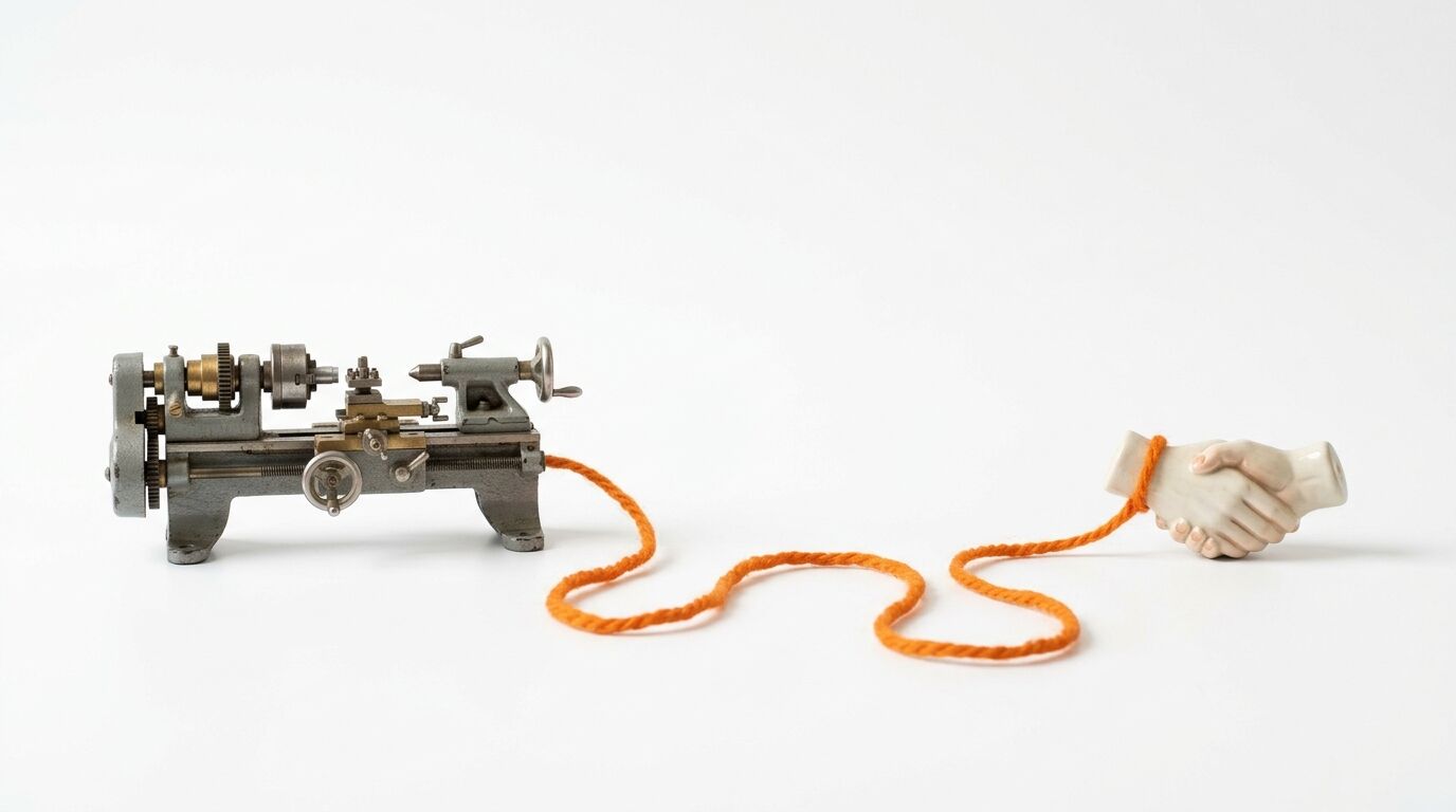Mini-Drehbank, verbunden durch orangefarbenen Faden mit Händedruck-Skulptur