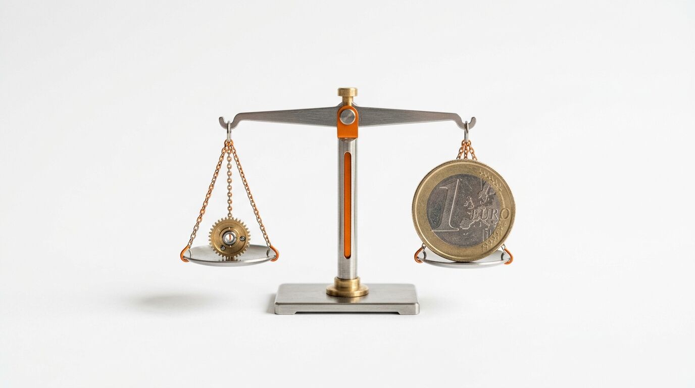 Eine Balkenwaage hält ein Zahnrad links und eine Ein-Euro-Münze rechts im Gleichgewicht