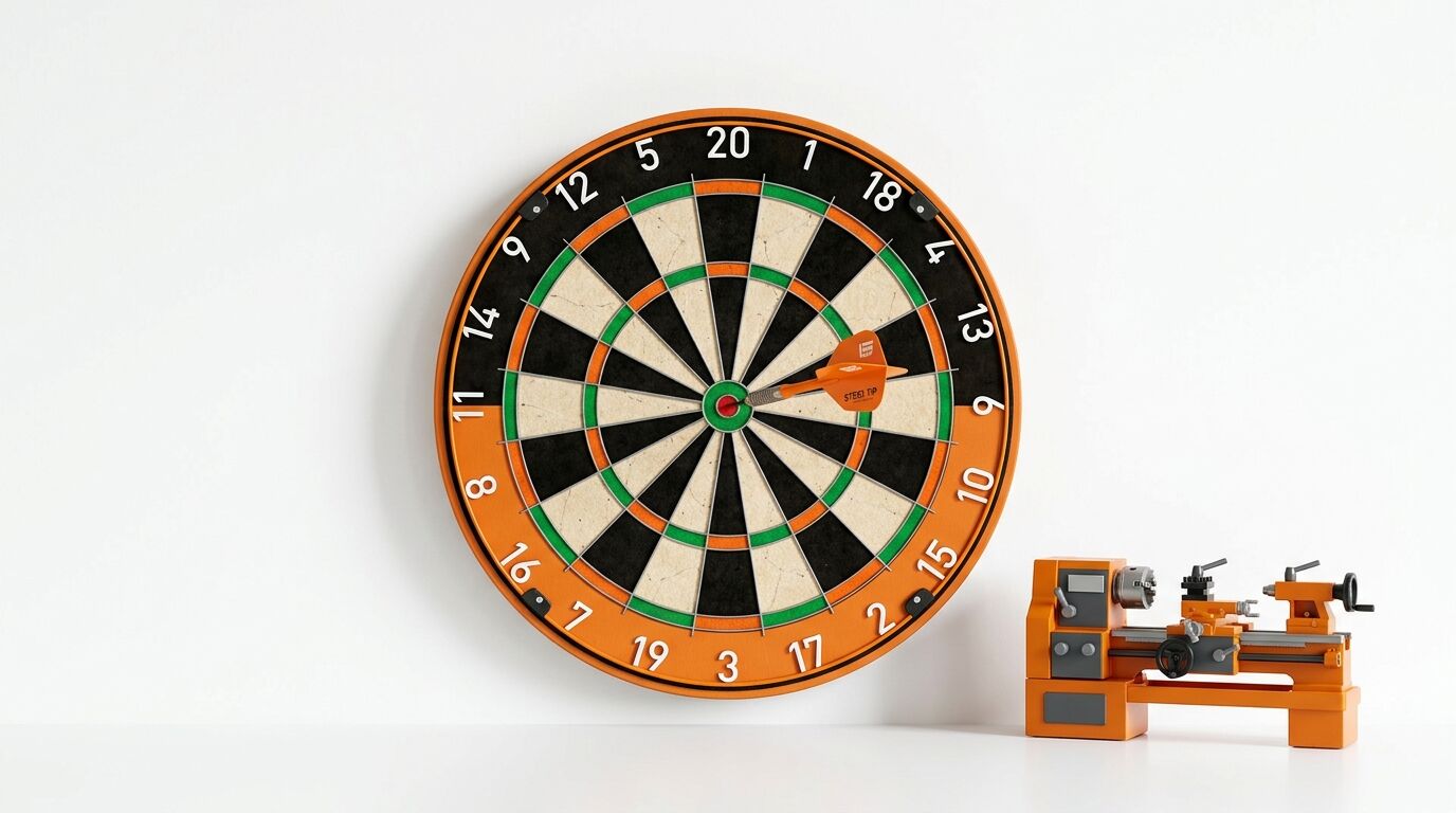 Eine Dartscheibe mit einem Pfeil im Zentrum und eine orangefarbene Drehmaschine daneben