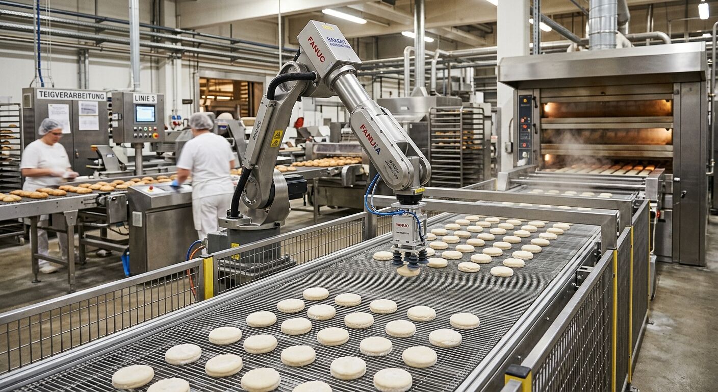 Industrielle Bäckerei mit Roboterarm, Förderbändern und Mitarbeitern bei der Teigverarbeitung