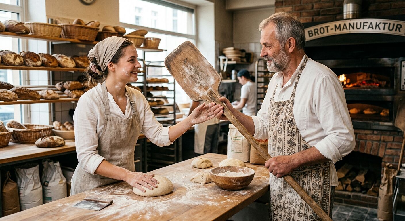 Ein älterer Bäcker übergibt einer jungen Bäckerin einen Brotschieber in einer Backstube