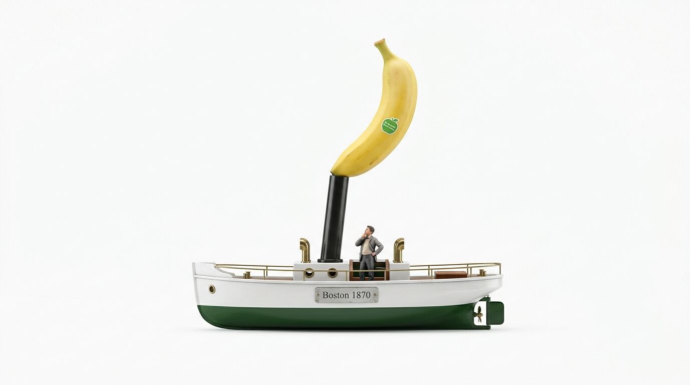Surreale Komposition eines Dampfbootes mit einer Banane als Schornstein und einer Figur