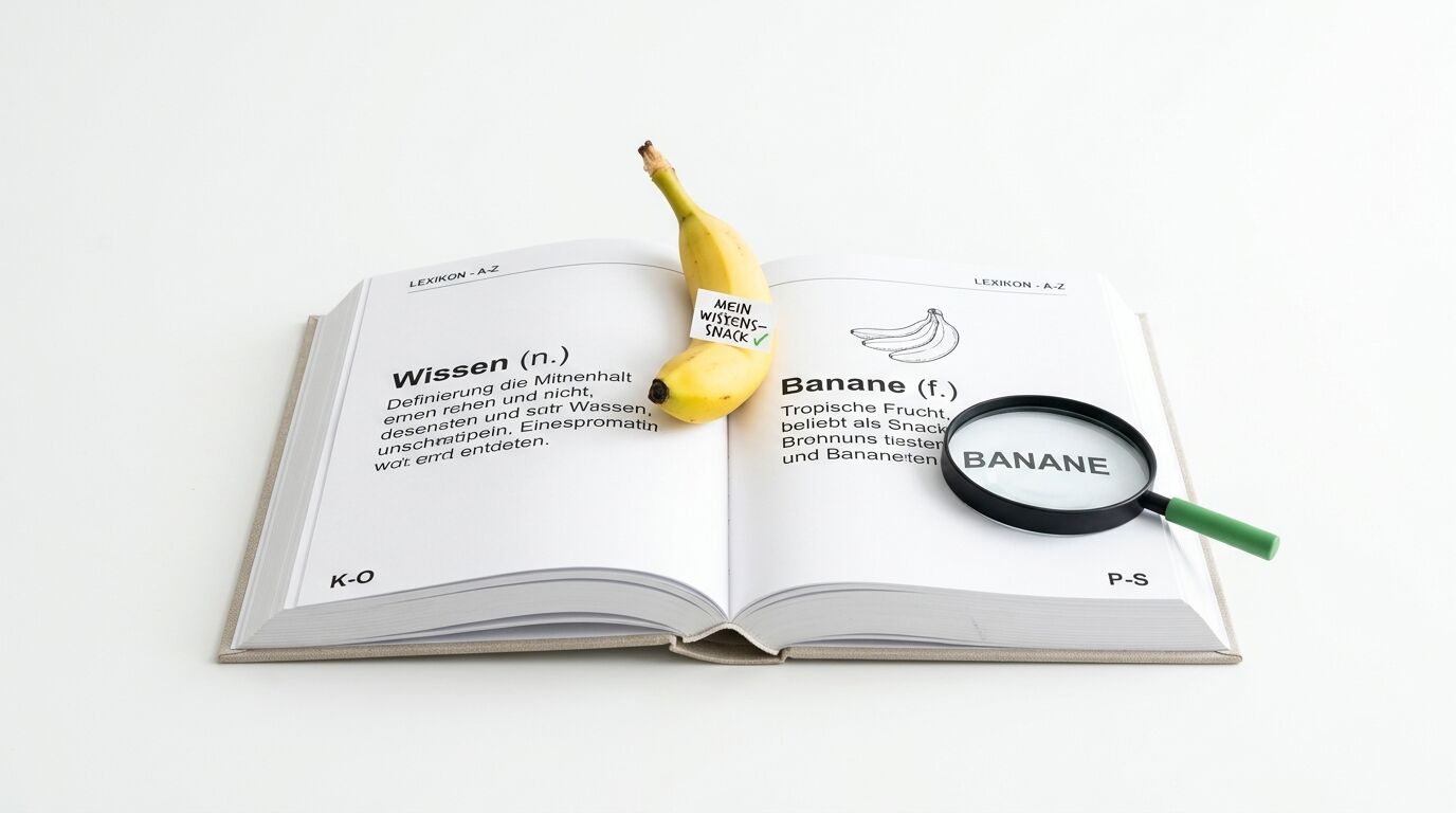 Offenes Lexikon mit Banane, Zettel und Lupe auf weißem Grund