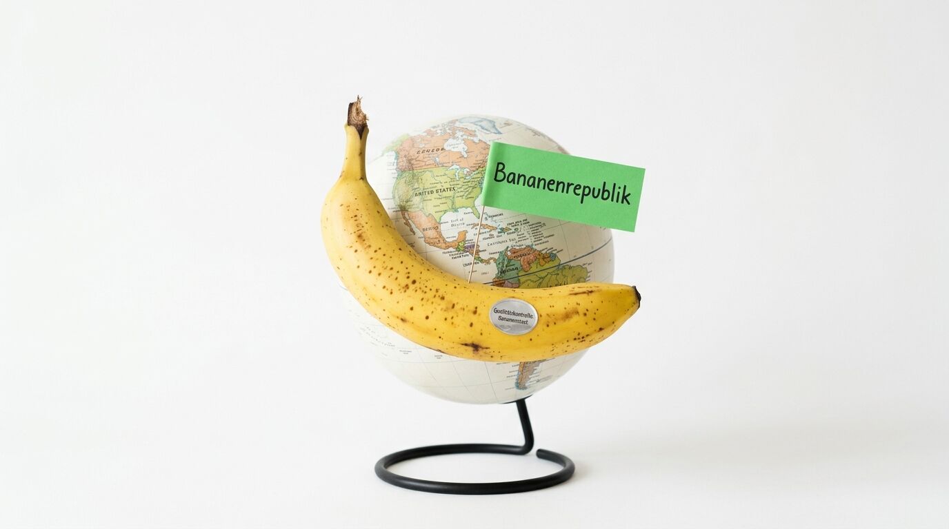 Ein Globus, umgeben von einer Banane mit einem Fähnchen, auf dem „Bananenrepublik“ steht