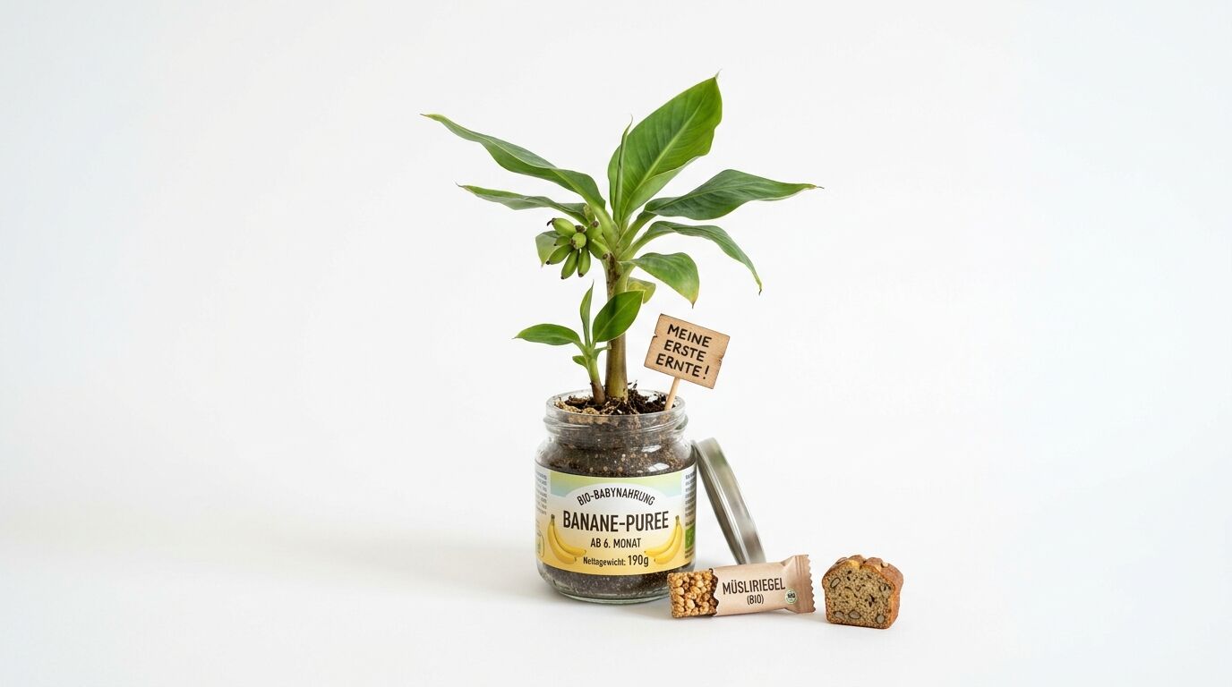 Bananenpflanze im Glas, Müsli-Riegel, Bananenbrot, weißer Hintergrund