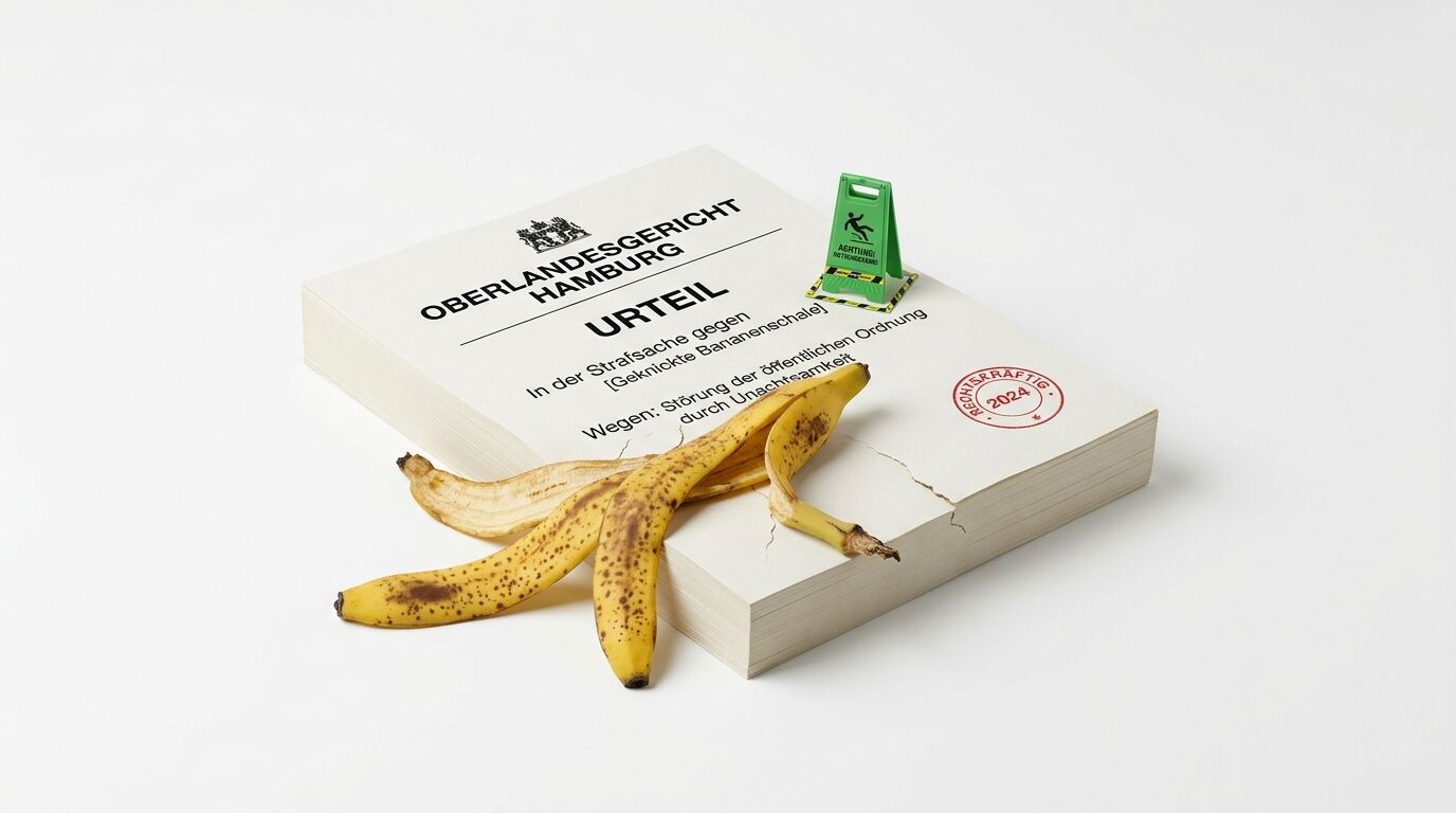 Gerichtsurteil des OLG Hamburg gegen eine Bananenschale mit kleinem Warnschild auf weißem Grund