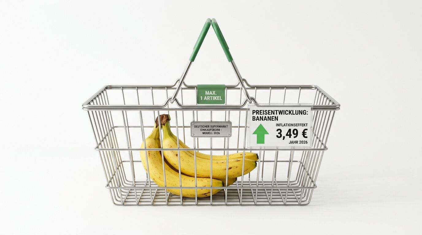 Drahtkorb mit Bananen, Preisschild 3,49 € für 2026 und Hinweis „MAX. 1 ARTIKEL“