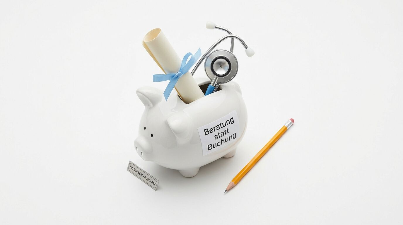 Ein Sparschwein mit Stethoskop und Aufschrift, daneben ein Stift